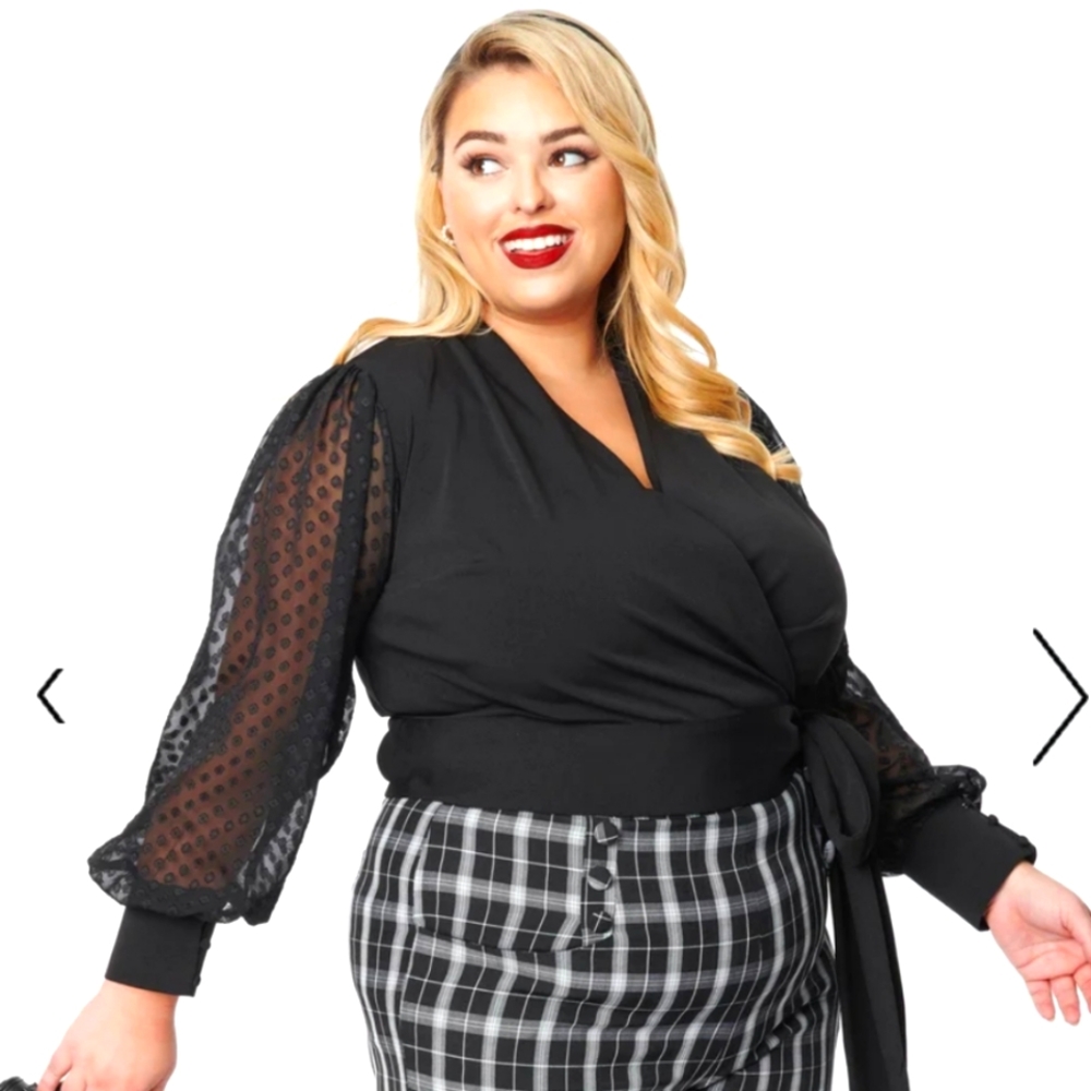 Unique Vintage Plus Size Black Clip Dot Giselle Wrap Top